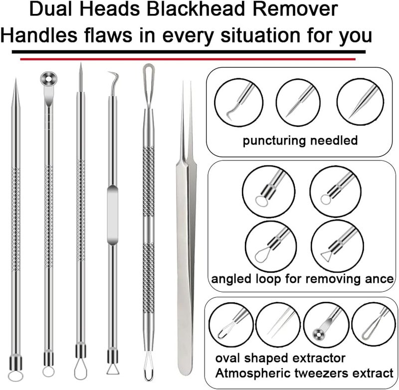 BLAAROOM Pimple Popper Tool Kit, 6 Pcs Blackhead Remover Acne Needle Tools Set Removing Treatment Comedone Whitehead Popping Zit for Nose Face Skin Blemish Extractor Tool - Silver - Image 2